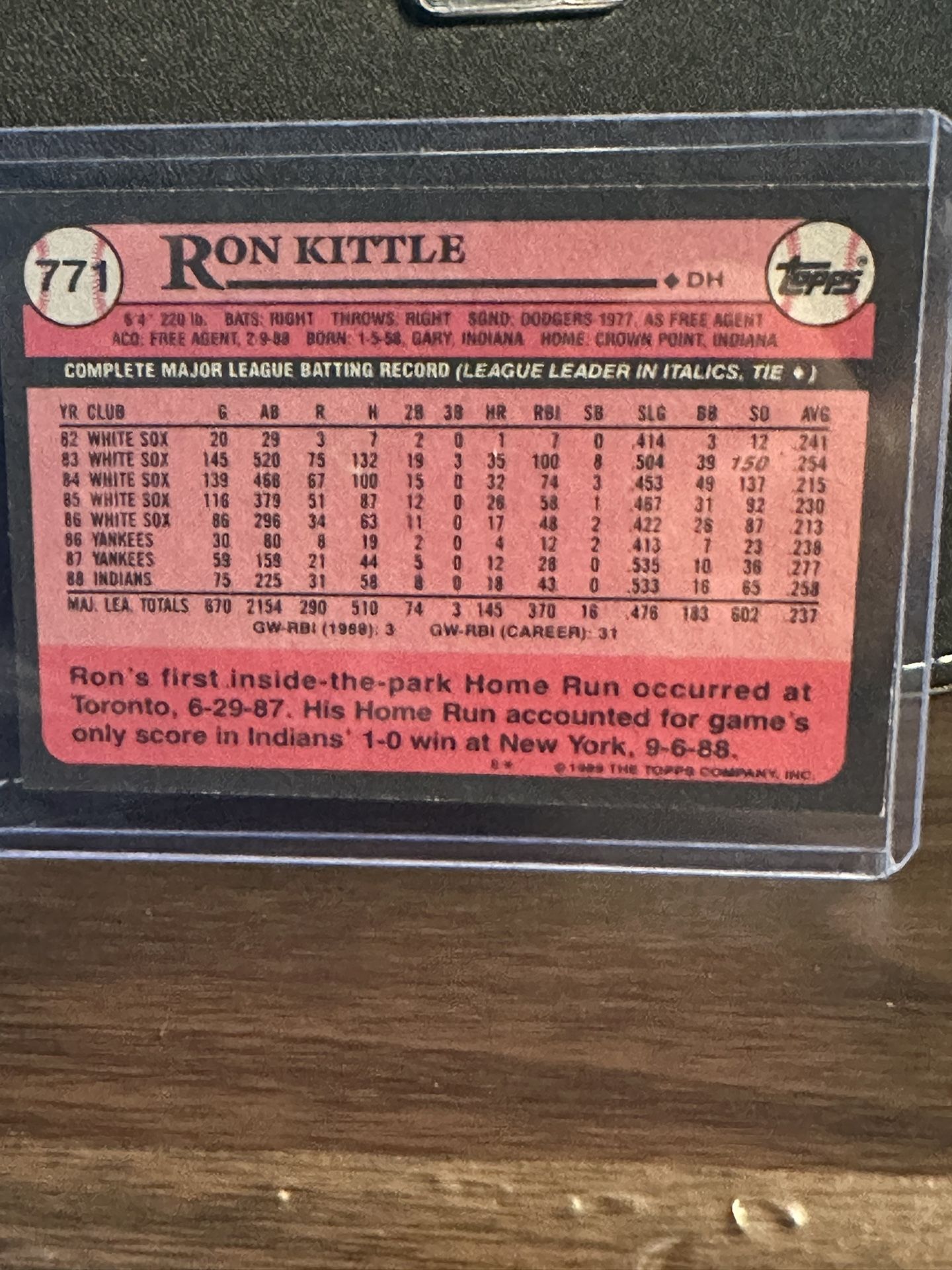 1989 Topps Rare Error Card #771 Should Be Ron Kittle Of Indians, Shows Todd Burns Oakland A’s