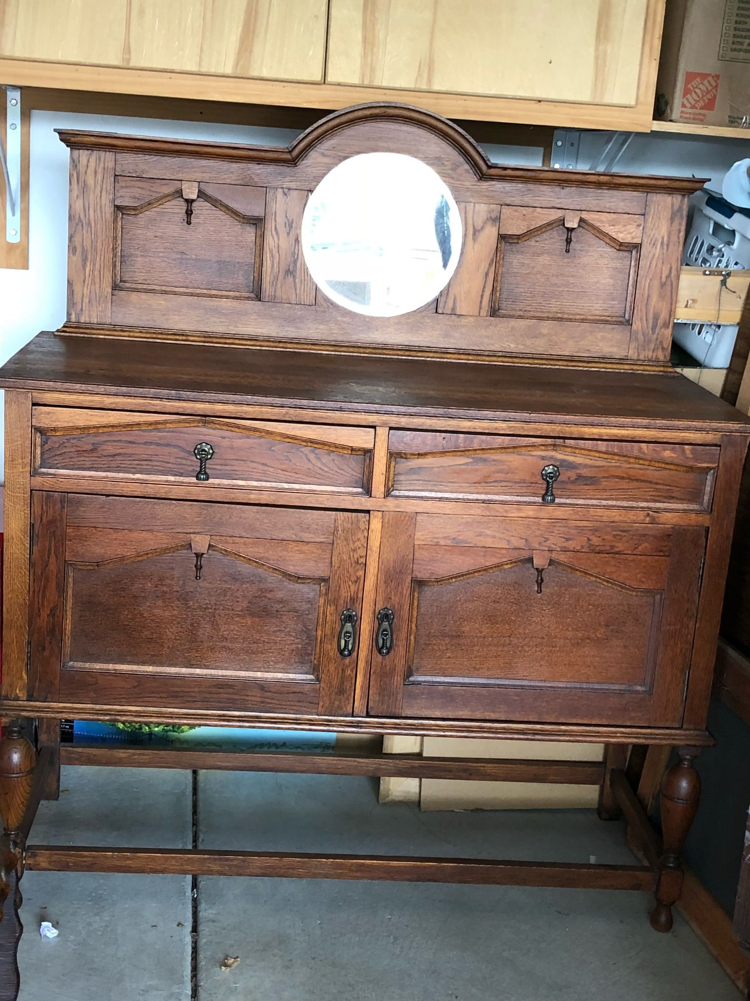 Antique Wooden Sideboard with Mirror – Solid Oak – 48”W x 18.5”D x 51”H