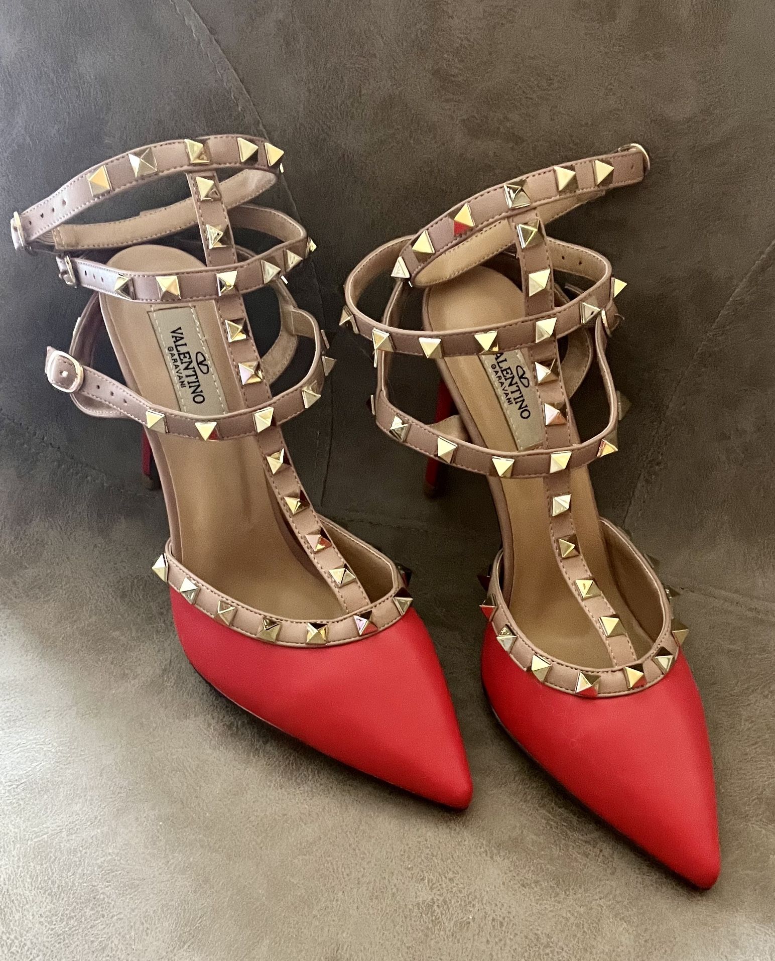 Valentino Garavani Red Patent Leather Rockstud Caged Ankle Strap Pumps
