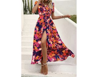 Summer Wrap Maxi Dress Casual Boho Floral V Neck Short Sleeve Ruffle Hem Split Beach Long Dresses new  brand  PRETTYGARDEN size  L