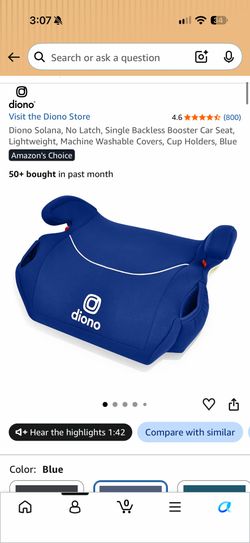 Diono Solana, No Latch, Single Backless Booster Car Seat, Lightweight, Machine Washable Covers, Cup Holders,