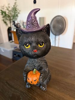 Halloween Bobblehead Black Cat Figurine with Witch Hat and Pumpkin