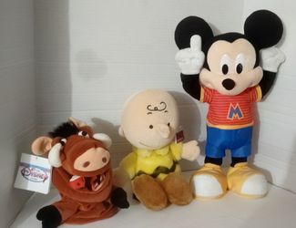 Disney Pumbaa 10" with new tags, Charlie Brown 12" plush $5 ea, Disney Mickey Mouse dances plush $10