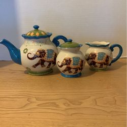 Dutch Wax Good Luck Elephant Hand Painted Teapot Creamer sugar set tea pot is 6” x 9 1/2”