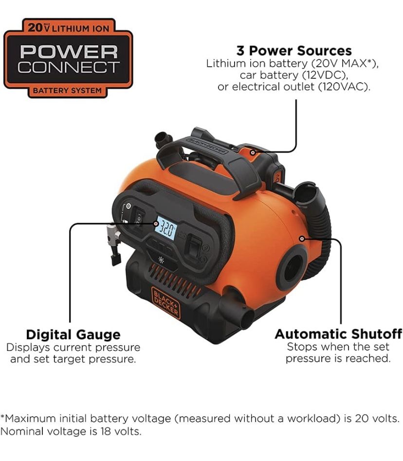 BLACK+DECKER 20V MAX* Cordless Tire Inflator, Cordless & Corded Power #2181