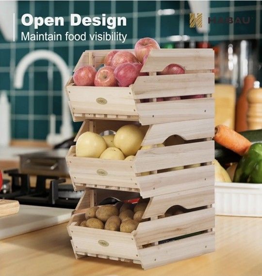 Wooden Stackable Produce Basket Storage Bins, Set of 3