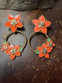SUGARFIX by BaubleBar Orange Floral Hoop Dangle Earrings Gold Tone Statement