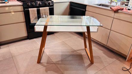 DESK - Modern White & Wood Glass Top Desk (OR BUNDLE DEAL - Desk + Chair - $220)