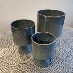 Decorative Ceramic Planter Set, Blue-Gray Glaze (Set of 3)