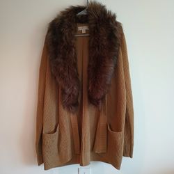 Vintage Michael Kors Brown Sweater with removable fur collar- cardigan has 2 pockets, buttons. Size L
