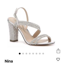 Silver Metallic Heels, Rhinestone, Shiny, Nina Sabetha Sandal, Size 7, Formal