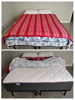 Price reduced queen bed - mattress and high metal frame