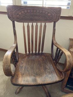 Antique Pressed Back Oak Swivel Desk Chair