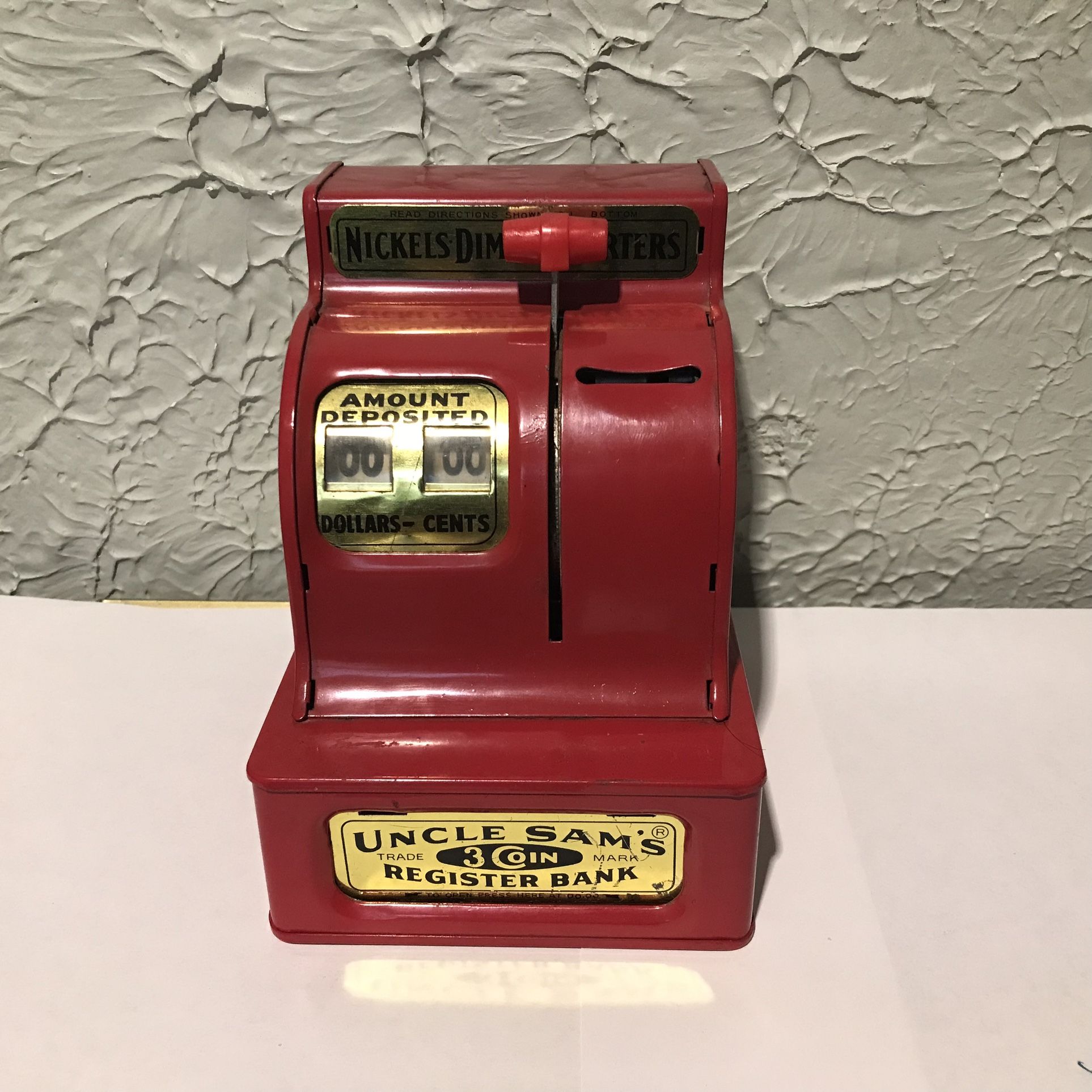 Vintage Uncle Sam's Metal 3-Coin Register Bank Red- Mint Condition