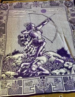 Woven MEXICAN MIXTEC WARRIOR BLANKET Archer of the Sun bedspread throw PURPLE