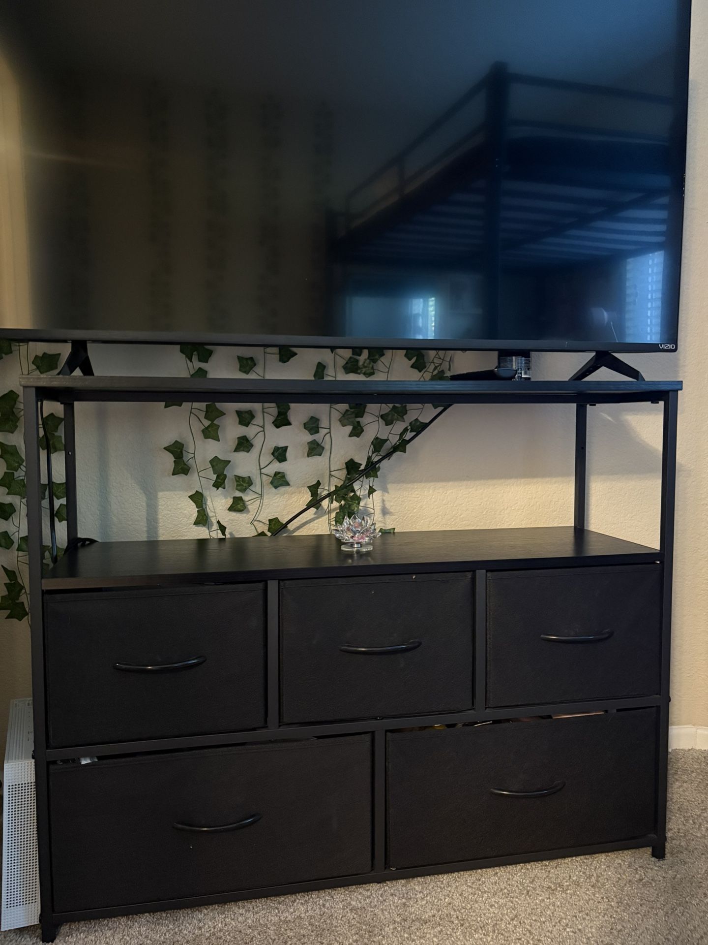 Black Metal TV Stand With Shelf and 5 Drawer Storage