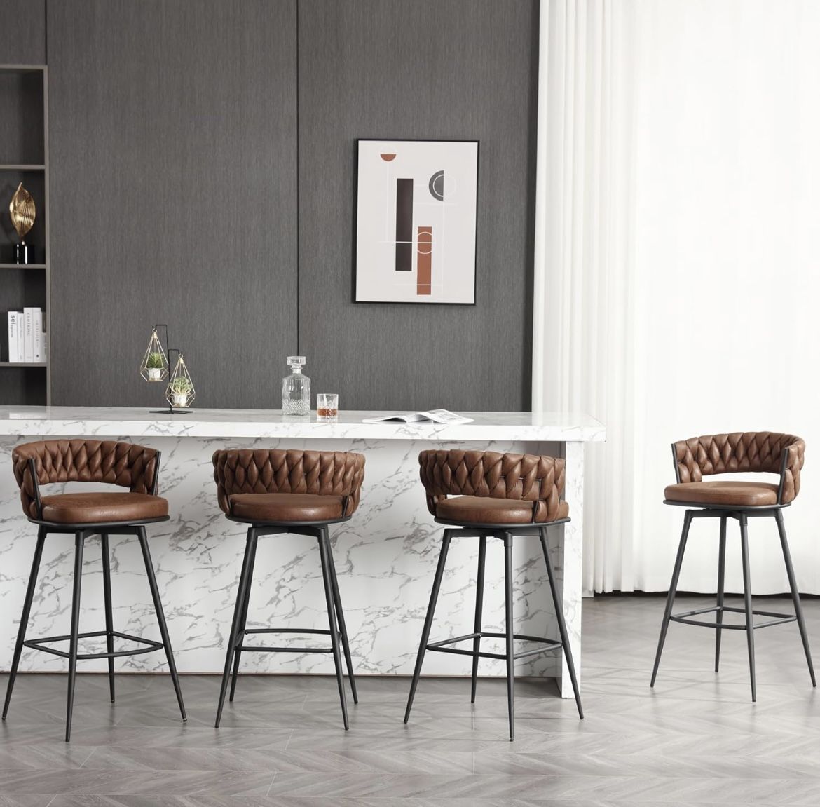 BFZ 30inch Bar Stools Set of 4, Bar Height Bar Stools, 180° Swivel Suede Fabric Stool Chairs with Woven Back and Footrest for Kitchen Island, Cafe, Pu