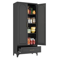 Polup 75" H Black Kitchen Pantry Storage Cabinets with Drawers, Doors and Shelves, Steel Large Cupboard