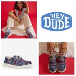 LIKE NEW! Hey Dude Wendy Ugly Sweater women’s slip-ons in ‘Navy/Red/White’