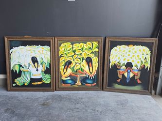 Set of 3 Large Framed Flower Vendor Oil Paintings