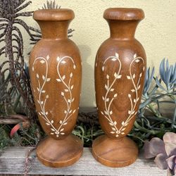 Moroccan Hand Carved Wood Turned Vases with Flower Motif Bone Inlay