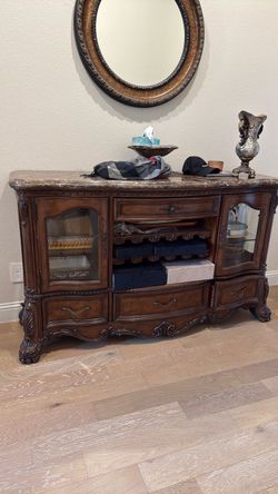 Furniture - dining set, bedroom set, dresser, showcase, couch, nightstand, lamp, carpet, mirror, chairs, ottoman,
