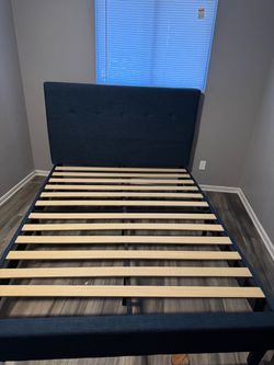 Navy Blue Upholstered Bed Frame with Headboard