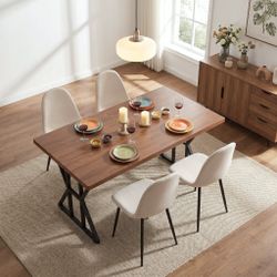 Homy Casa LEONARD+CHARLTON 5PC Dining Set 63" Table with 4 Khaki Fabric Chairs in Black Metal