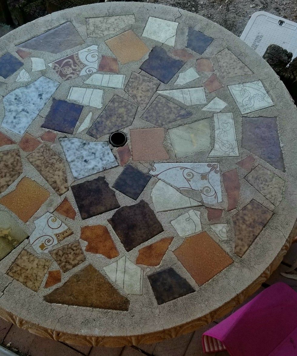 Patio Table w/ Umbrella Hole Concrete w/ Classy Tile Inlays for Sale