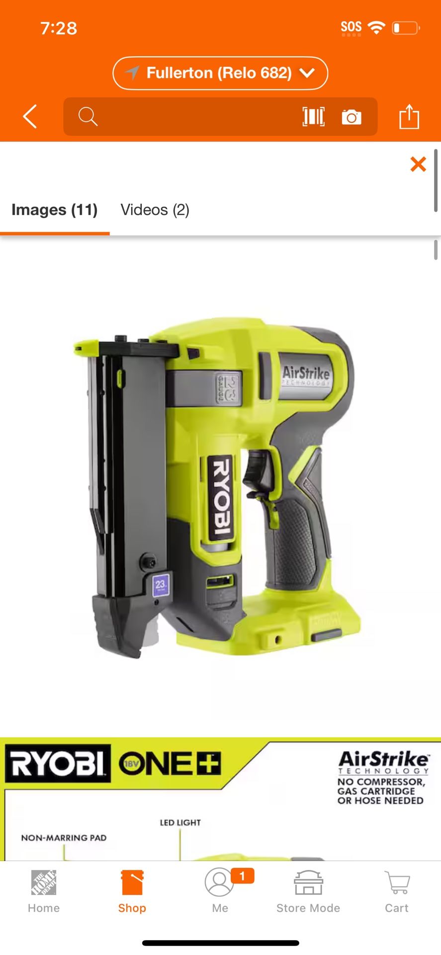 RYOBI ONE+ 18V Cordless Airstrike 23-Gauge Pin Nailer (Tool Only) @ry-972