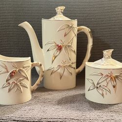 Vintage Japanese porcelain coffee/tea serving set featuring a gold bamboo design