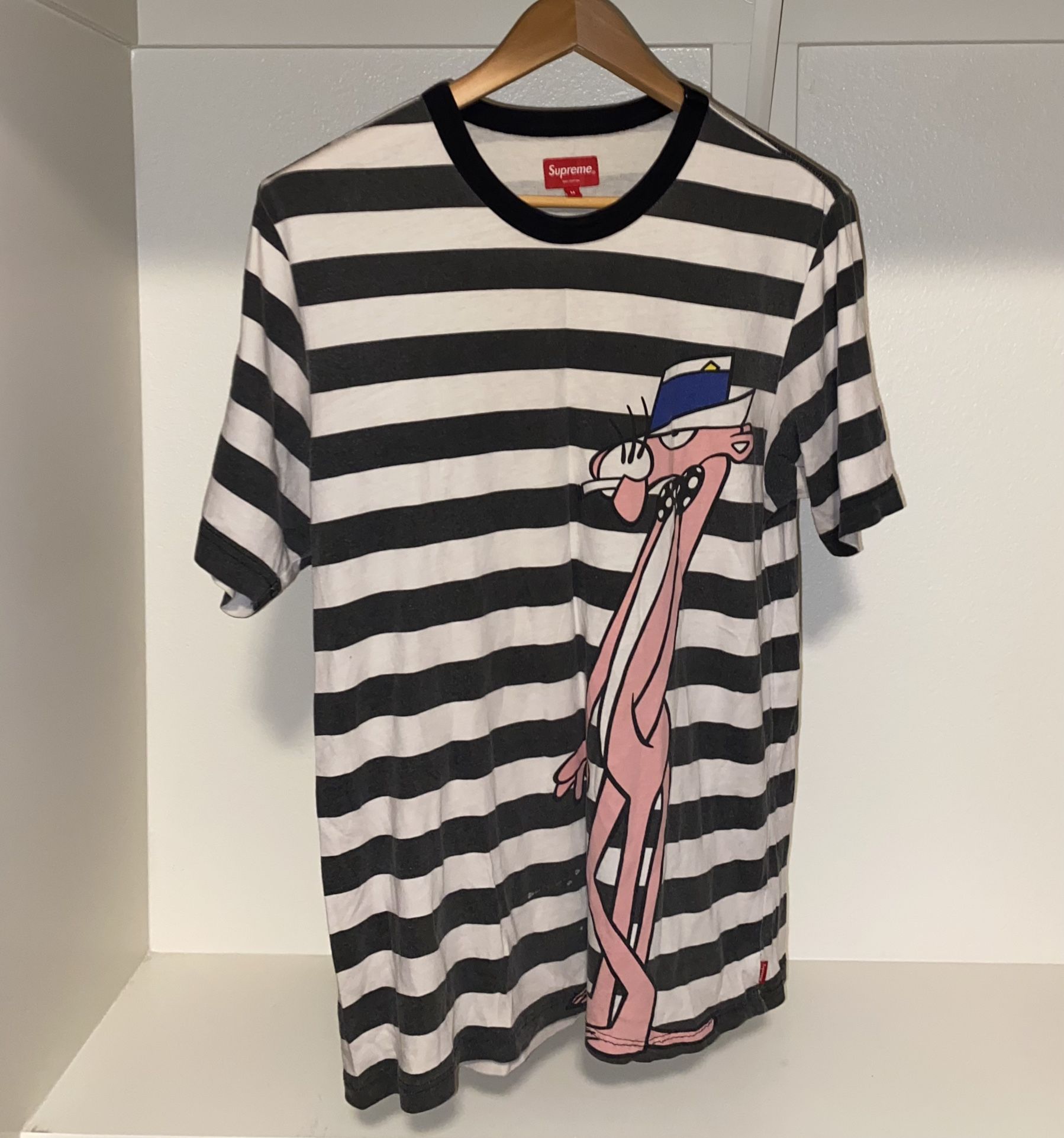 Men's Size Medium Supreme Pink Panther striped t-shirt black and white ss14 regular spring summer 2014. 100% Cotton Made in China, New York City.