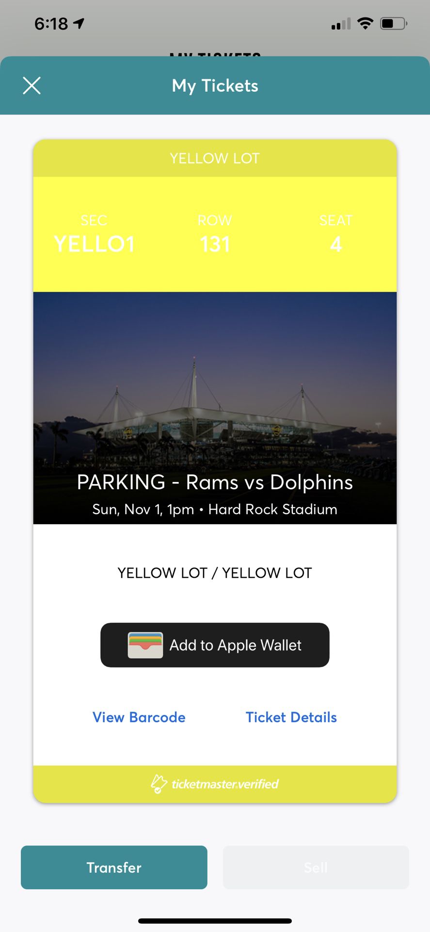 Rams Vs dolphins parking pass
