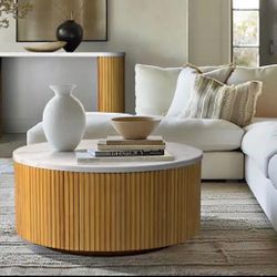 Layana 35.5 in. Natural/Faux White Marble Round MDF Coffee Table.   retail price $479 our price $300    INK+IVY Model # II120-0573   L-4464 