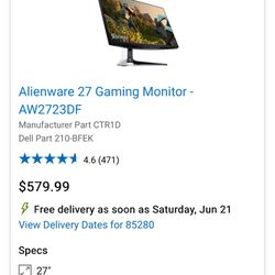 Alienware 27” Gaming Monitor 280hz Aw2723df