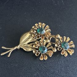 Art Deco Brass-Toned floral Brooch with Green Rhinestones 1930's 