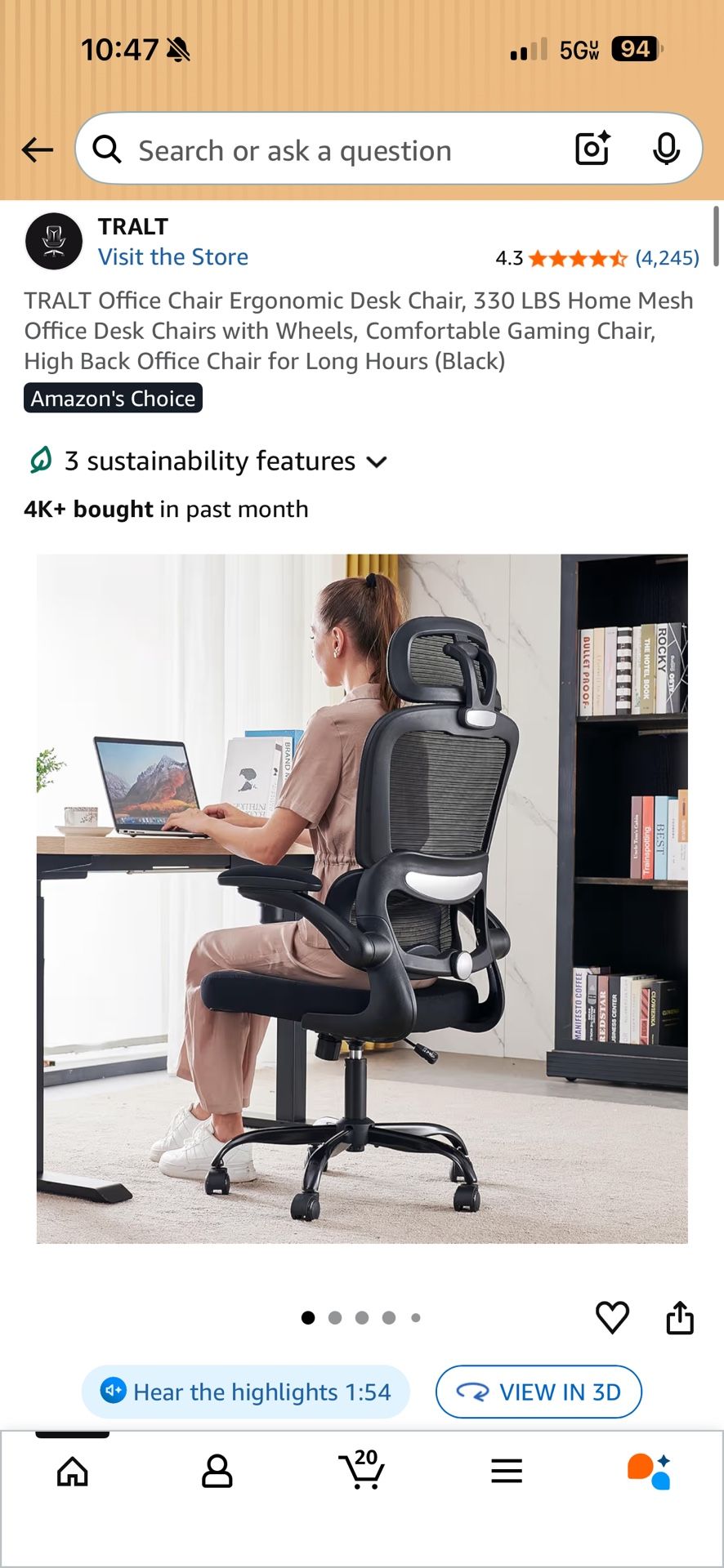 Brand New Black Mesh Tall Back Ergonomic Office Chair w/Flip Up Armrests & Adjustable 3D Lumbar