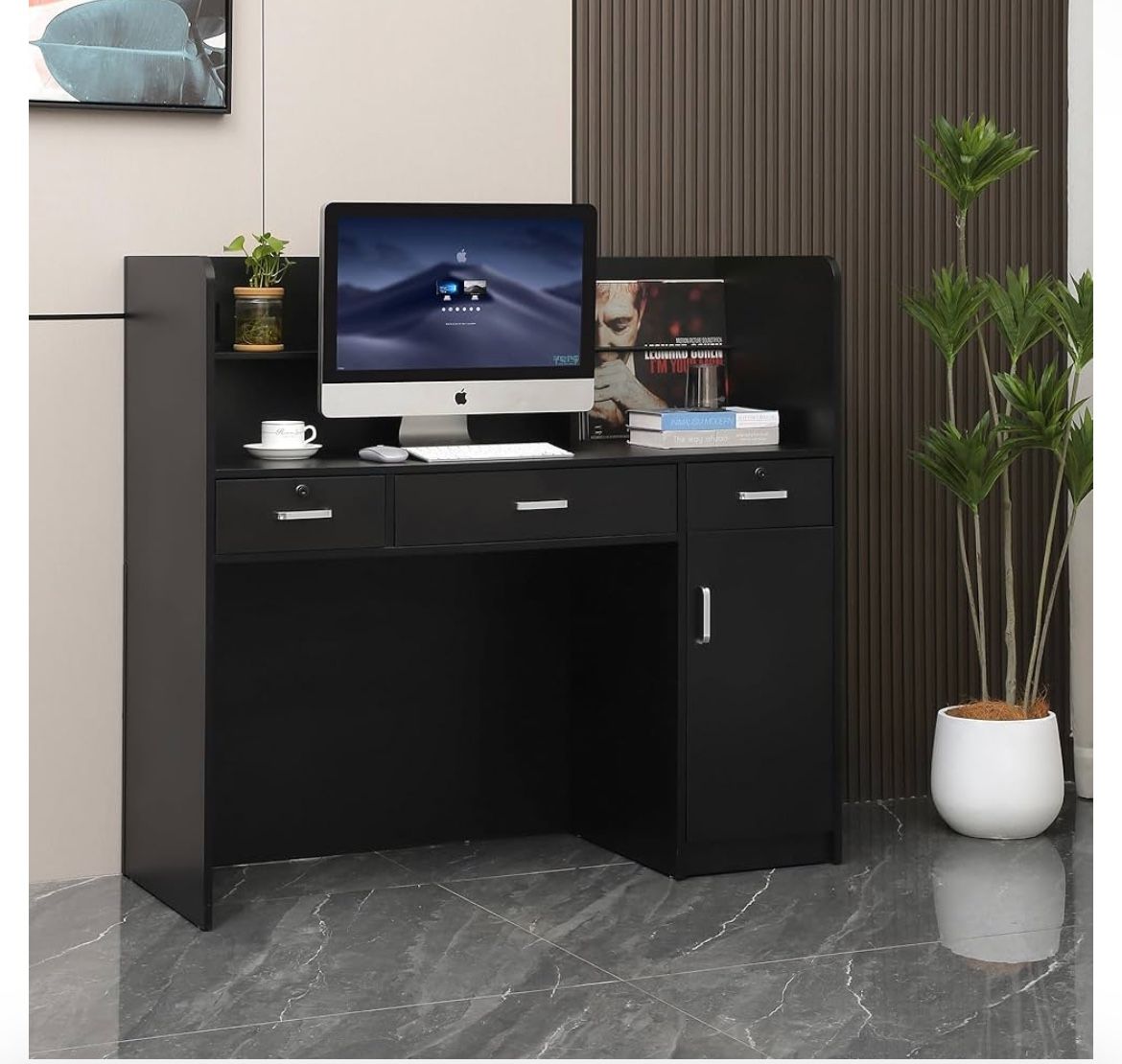 😀 Reception Desk Front Desk Reception Counter w/Locking Drawers Cabinet Shelf 47Lx19Wx43H Black Wood Receptionist Desk Retail Checkout Counter