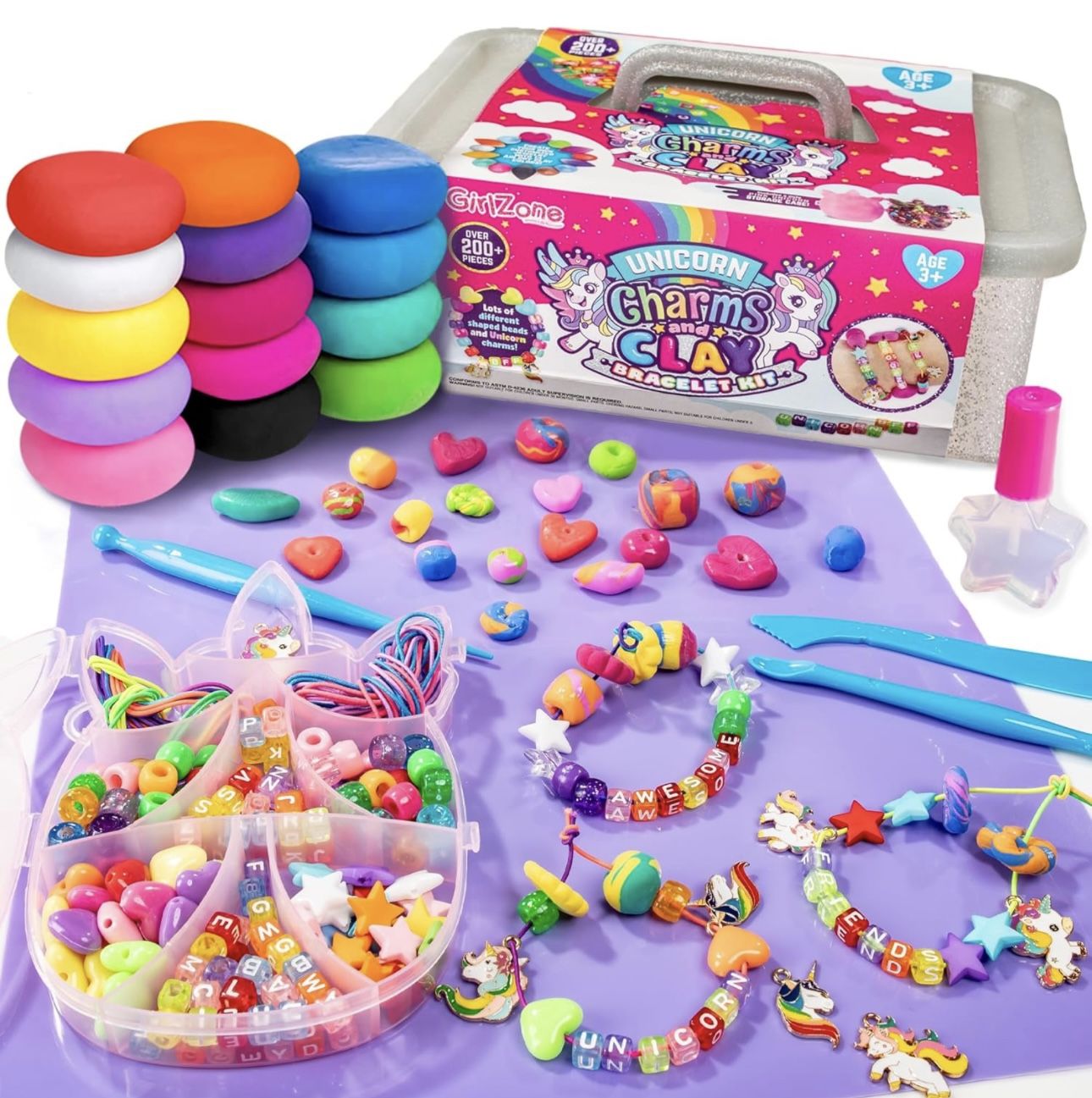 GirlZone Unicorn Charms and Clay Bracelet Kit, Bracelet Making Kit for Girls with Unicorn Charms, Air Dry Clay, Gift Idea & Charm Bracelet Making Kit