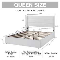 White Queen Size Upholstered Hydraulic Storage Bed Frame