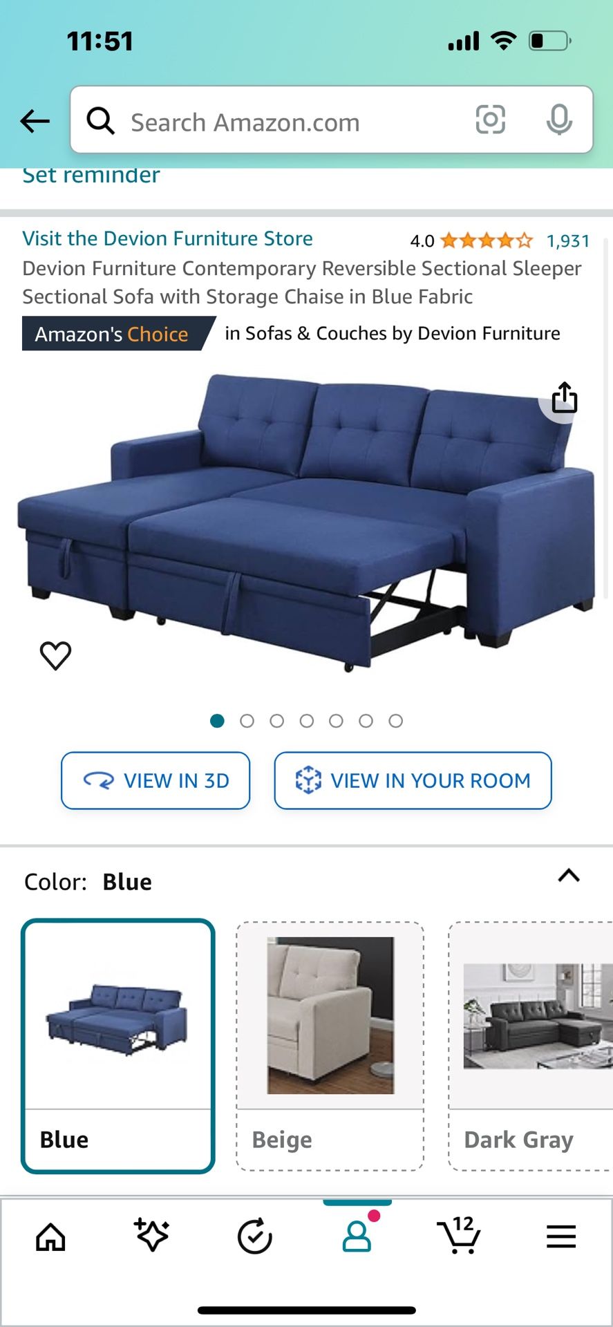 Reversible Sectional Sleeper Sofa With Storage Chaise In Blue