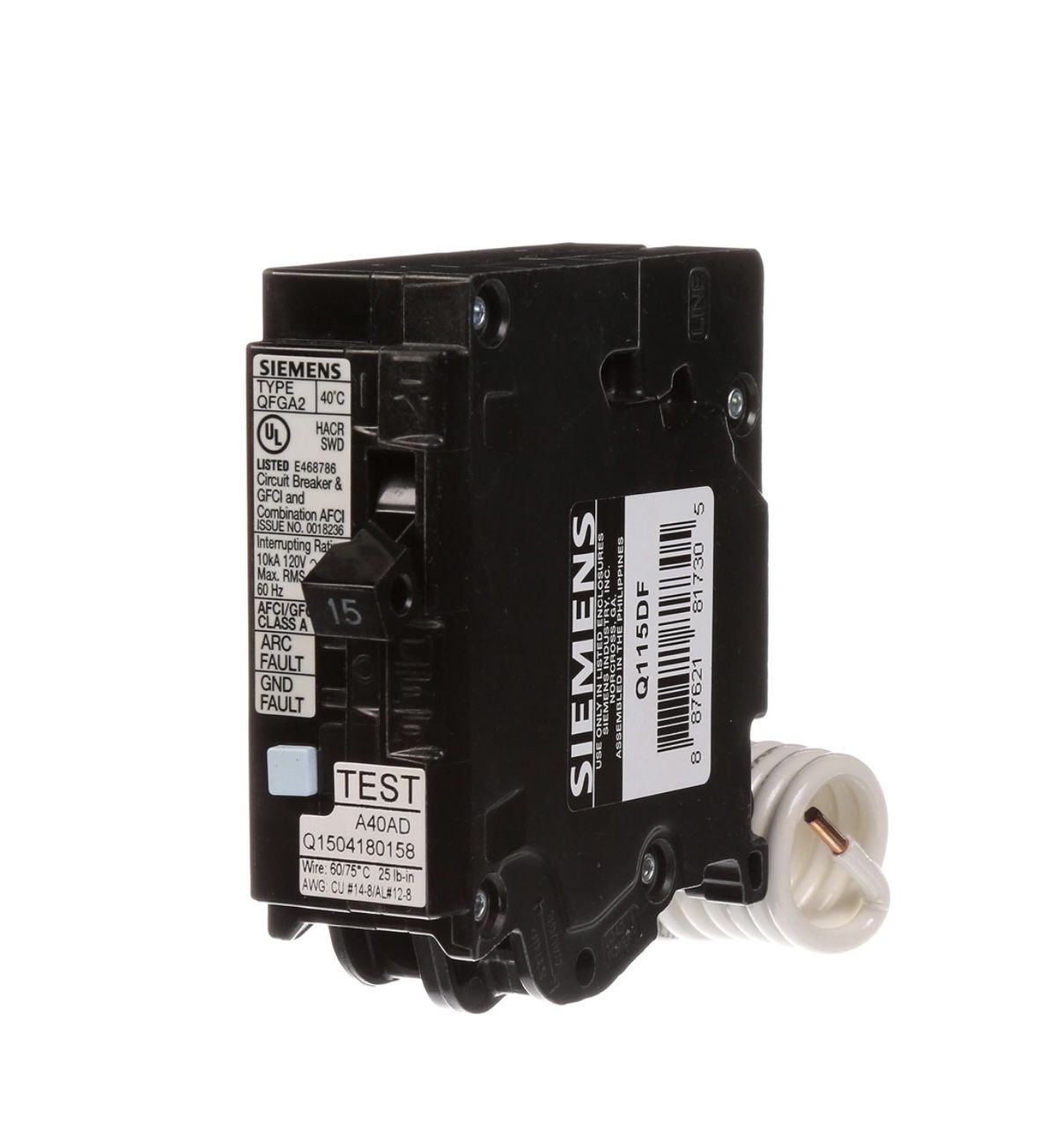 Siemens Q115DF 15-Amp Afci/Gfci Dual Function Circuit Breaker, Plug on Load Center Style