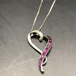 14k White Gold Pink Sapphire and Diamond Heart Pendant 1.50mm Necklace 16" Long