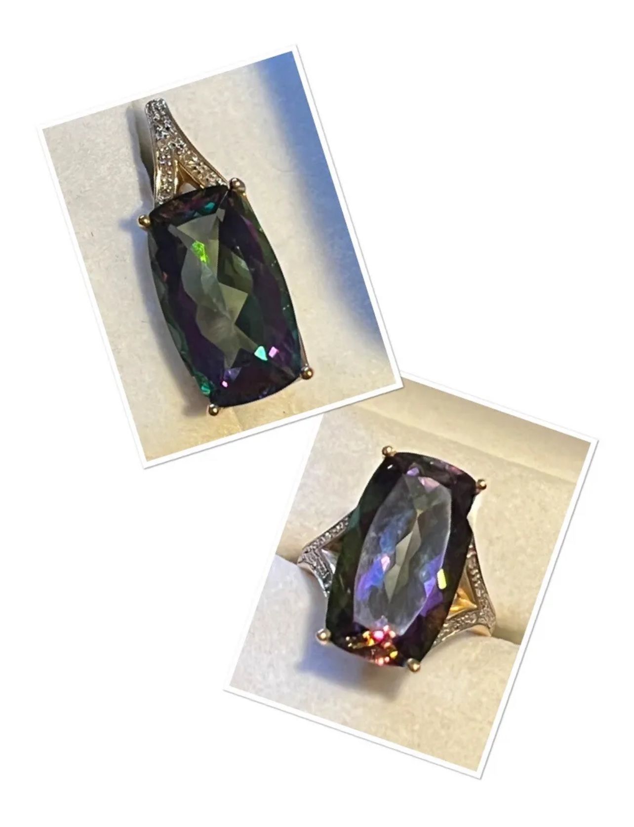 Large Mystic Topaz with Diamonds Set In 10K Gold (2pc set) Ring Size 8 & Pendant 20CTW each