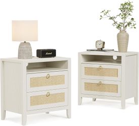 Dowinx 23.6" White Night Stand Set of 2, Large Rattan Nightstands with Charging Station 2 Drawers