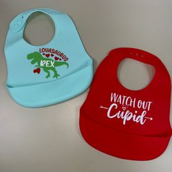 Baby Silicone Bib Lot Valentine Dinosaur Cupid 2pc