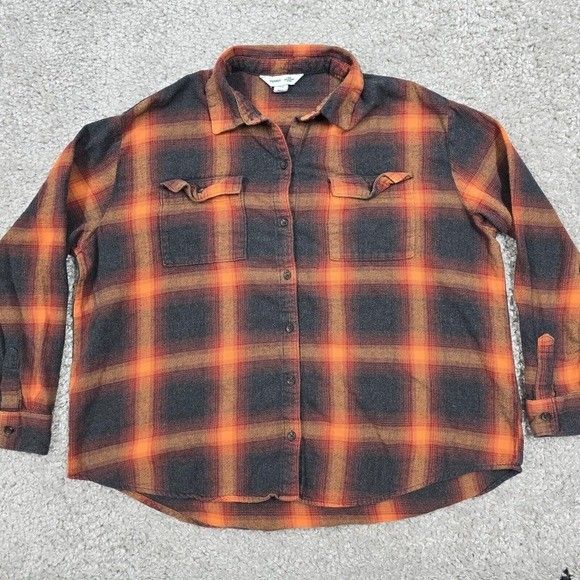 Old Navy Boyfriend Shirt Womens XL Tall Orange Plaid Flannel Evermore Swiftie