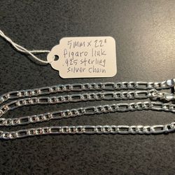 Xmas Special- New 5mm x 22”, Figaro Sterling Silver Necklace 