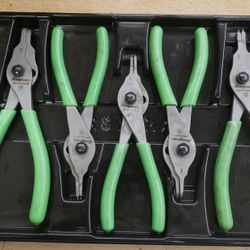 SNAP-ON 5PC SNAP RING PLIERS SRPCR7090, 3890, 4700, 3800, 7000 Green USED . TESTED. IN A GOOD WORKING ORDER. 