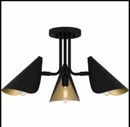 Brand New 20 in. 3-Light Matte Black Semi-Flush Mount with Painted Gold Interior Metal Shades